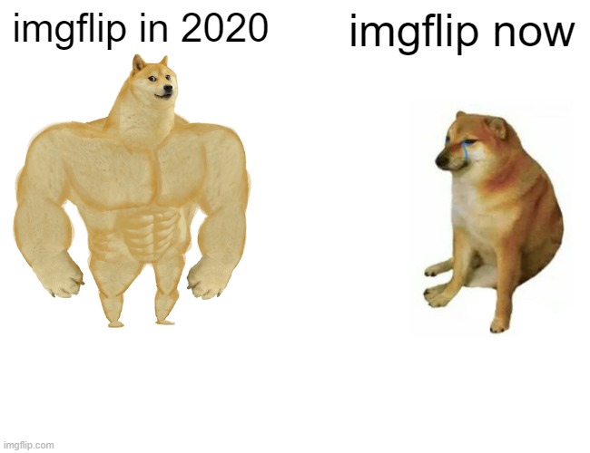 its rlly just "upvote if" stuff and memes that arent even funny | imgflip in 2020; imgflip now | image tagged in memes,buff doge vs cheems | made w/ Imgflip meme maker