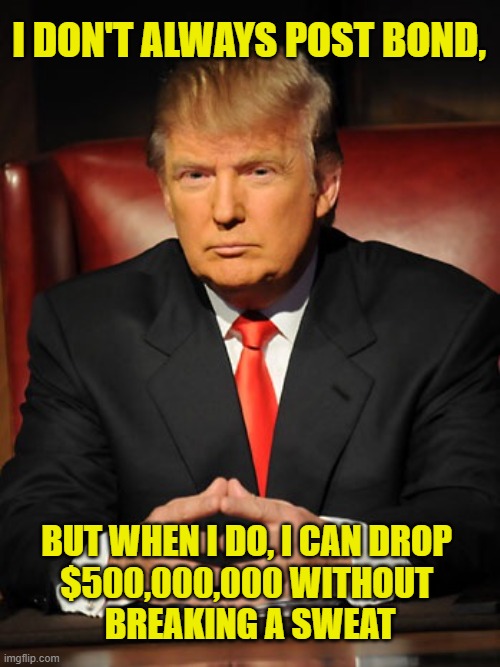 Bond?  No Sweat. | I DON'T ALWAYS POST BOND, BUT WHEN I DO, I CAN DROP 
$500,000,000 WITHOUT 
BREAKING A SWEAT | image tagged in donald trump,bond,posting,president,joe biden,election interference | made w/ Imgflip meme maker