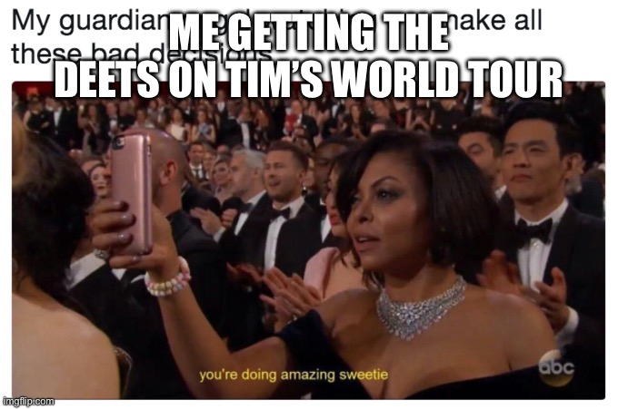 youre doing amazing sweetie | ME GETTING THE DEETS ON TIM’S WORLD TOUR | image tagged in youre doing amazing sweetie | made w/ Imgflip meme maker