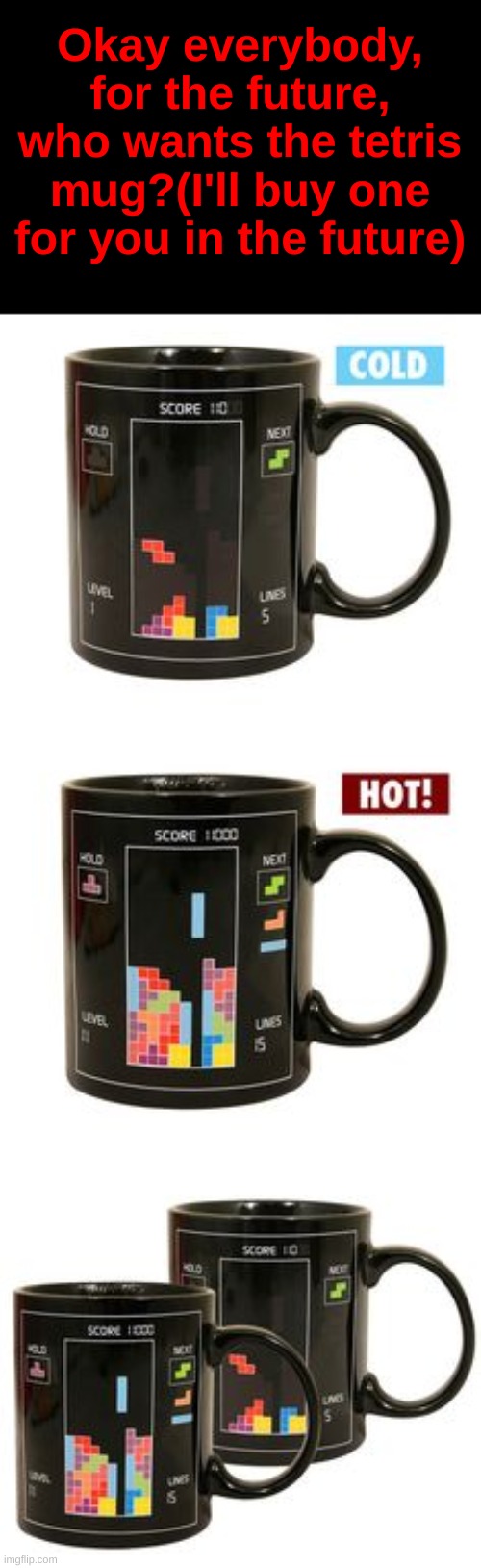 Okay everybody, for the future, who wants the tetris mug?(I'll buy one for you in the future) | made w/ Imgflip meme maker