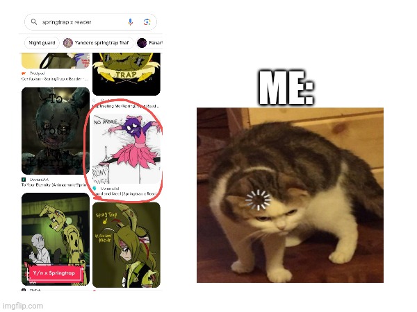 When I was looking at the covers for springtrap x reader, purple guy appeared. Why the heck is he on there? | ME: | image tagged in springtrap,fanfiction,shipping,loading cat,confused | made w/ Imgflip meme maker