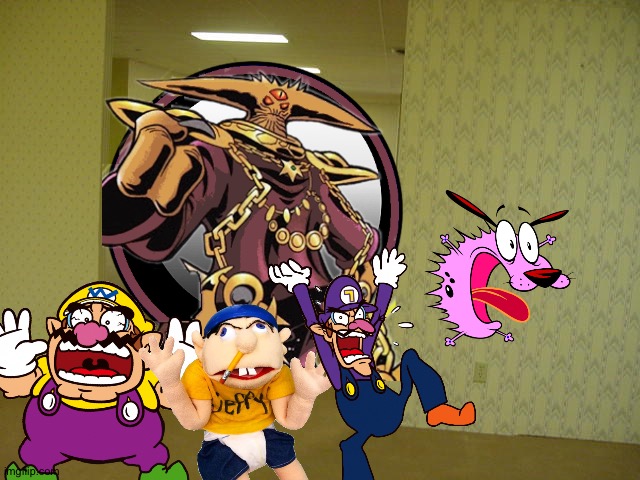 Wario and Friends dies by Black doom because of Waluigi accidentally summoning Him at 3AM while exploring in the backroom | image tagged in the backrooms,crossover,wario dies,courage the cowardly dog,jeffy,sonic the hedgehog | made w/ Imgflip meme maker