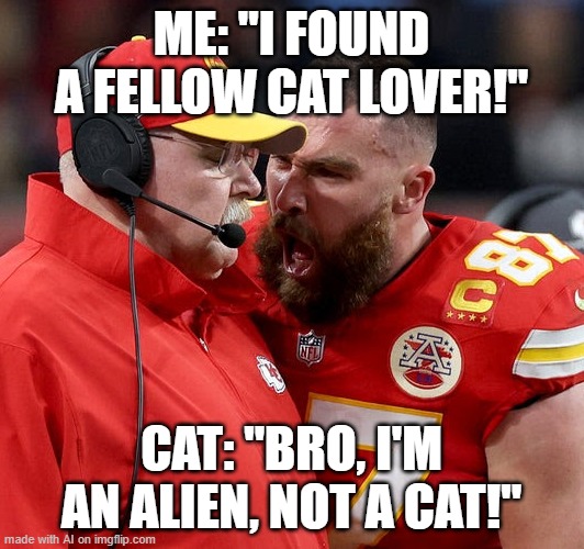 Travis Kelce screaming | ME: "I FOUND A FELLOW CAT LOVER!"; CAT: "BRO, I'M AN ALIEN, NOT A CAT!" | image tagged in travis kelce screaming | made w/ Imgflip meme maker