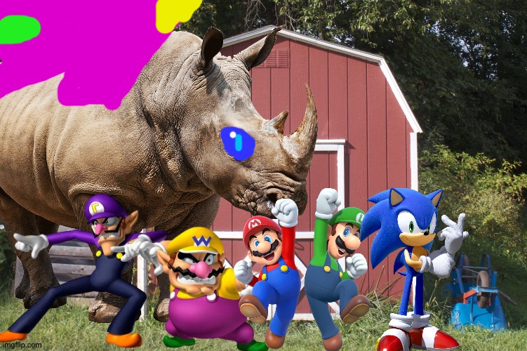 Wario and Friends dies by a Giant demon dragon rhino while exploring in their backyard | image tagged in shed,sonic the hedgehog,super mario,wario dies,crossover | made w/ Imgflip meme maker