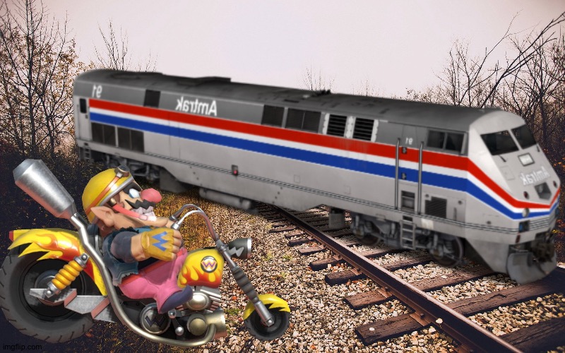 Wario dies by crashing into a train while riding his motorcycle | image tagged in wario dies,wario | made w/ Imgflip meme maker