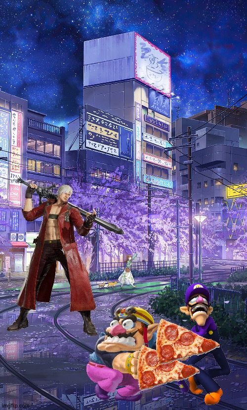 Wario and Waluigi dies by stealing Dante's pizza | image tagged in anime city at night,devil may cry,wario dies,wario,waluigi,crossover | made w/ Imgflip meme maker