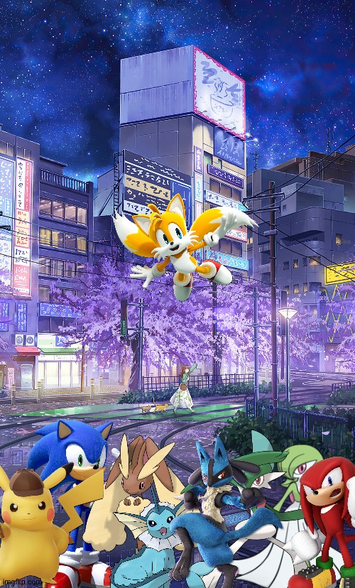Detective Pikachu and Friends having a city adventure at night | image tagged in anime city at night,pokemon,sonic the hedgehog,sonic,detective pikachu,crossover | made w/ Imgflip meme maker