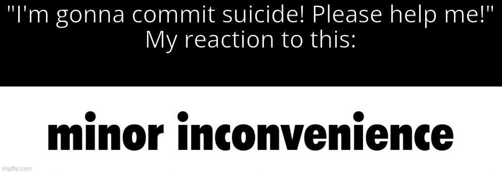 Helping someone with suicide is disrespected. Meanwhile, helping someone with suicide is respected at the same time. The hell do | "I'm gonna commit suicide! Please help me!"
My reaction to this: | image tagged in minor inconvenience | made w/ Imgflip meme maker