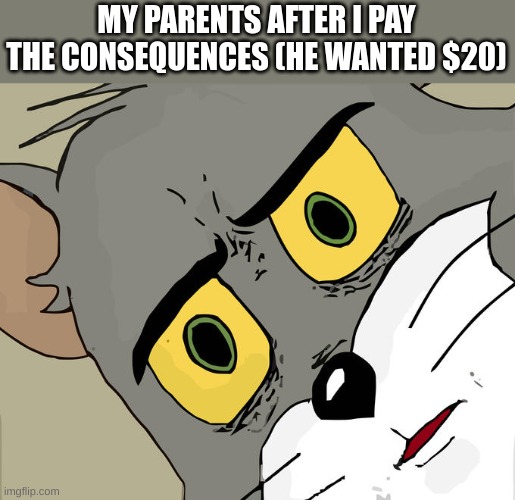 I have money where is he | MY PARENTS AFTER I PAY THE CONSEQUENCES (HE WANTED $20) | image tagged in memes,unsettled tom,pay the consequences | made w/ Imgflip meme maker