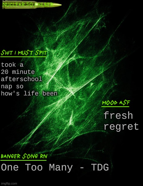 .nuclear.50.cailber. announcement | took a 20 minute afterschool nap so how's life been; fresh regret; One Too Many - TDG | image tagged in nuclear 50 cailber announcement | made w/ Imgflip meme maker