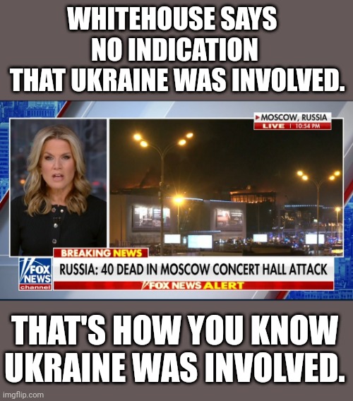 WHITEHOUSE SAYS 
NO INDICATION
 THAT UKRAINE WAS INVOLVED. THAT'S HOW YOU KNOW UKRAINE WAS INVOLVED. | made w/ Imgflip meme maker