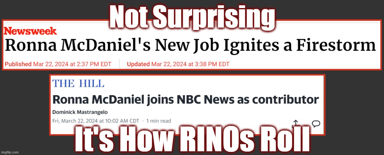 Wonder if she got fresh flowers weekly in her contract | Not Surprising; It's How RINOs Roll | image tagged in ronna mcdaniel,rino,politics 2024,gop | made w/ Imgflip meme maker