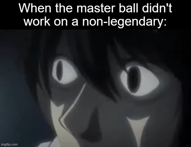 L Staring (Death Note) | When the master ball didn't
work on a non-legendary: | image tagged in l staring death note | made w/ Imgflip meme maker
