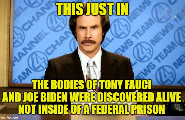 Breaking News... | THIS JUST IN; THE BODIES OF TONY FAUCI AND JOE BIDEN WERE DISCOVERED ALIVE
NOT INSIDE OF A FEDERAL PRISON | image tagged in real news | made w/ Imgflip meme maker