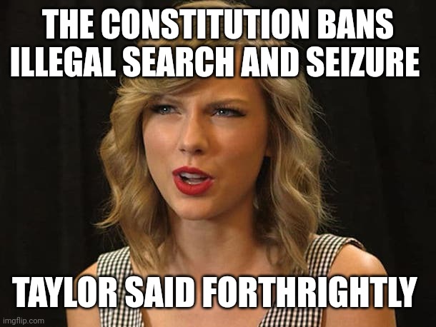 Taylor said forthrightly | THE CONSTITUTION BANS ILLEGAL SEARCH AND SEIZURE; TAYLOR SAID FORTHRIGHTLY | image tagged in taylor swiftie | made w/ Imgflip meme maker