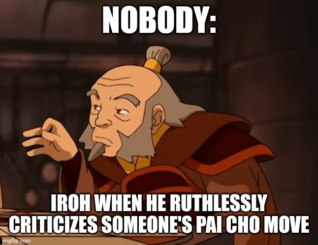 Pai cho | NOBODY:; IROH WHEN HE RUTHLESSLY CRITICIZES SOMEONE'S PAI CHO MOVE | image tagged in iroh criticizes,avatar the last airbender,jpfan102504 | made w/ Imgflip meme maker