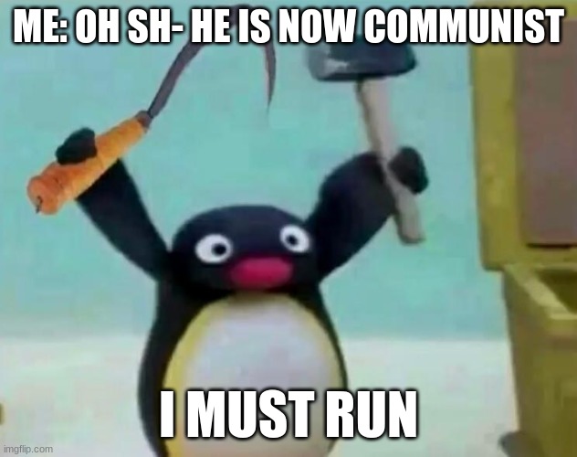 Communist Pingu | ME: OH SH- HE IS NOW COMMUNIST; I MUST RUN | image tagged in communist pingu | made w/ Imgflip meme maker