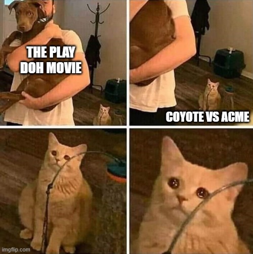 warner bros shelves coyote vs acme in favor of the play doh movie | THE PLAY DOH MOVIE; COYOTE VS ACME | image tagged in ignored cat,play doh,prediction,warner bros discovery,evil corporation | made w/ Imgflip meme maker
