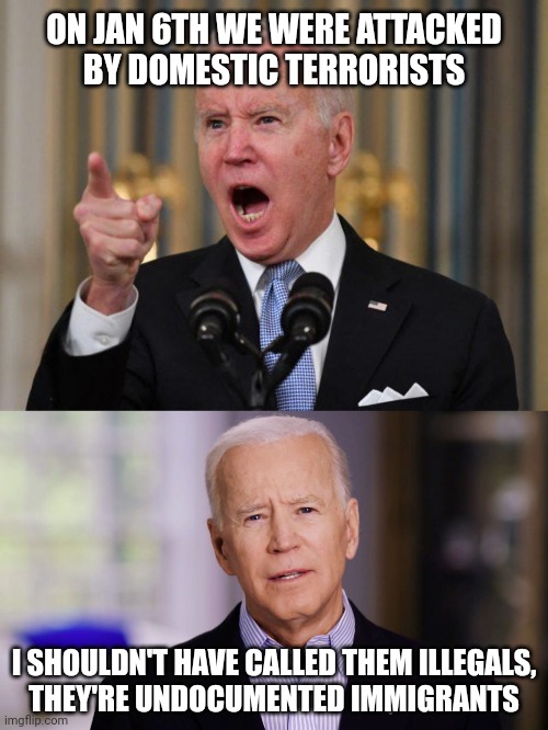 Notice the difference? | ON JAN 6TH WE WERE ATTACKED
BY DOMESTIC TERRORISTS; I SHOULDN'T HAVE CALLED THEM ILLEGALS,
THEY'RE UNDOCUMENTED IMMIGRANTS | image tagged in angry biden,joe biden 2020,democrats,biden,border wall,secure the border | made w/ Imgflip meme maker