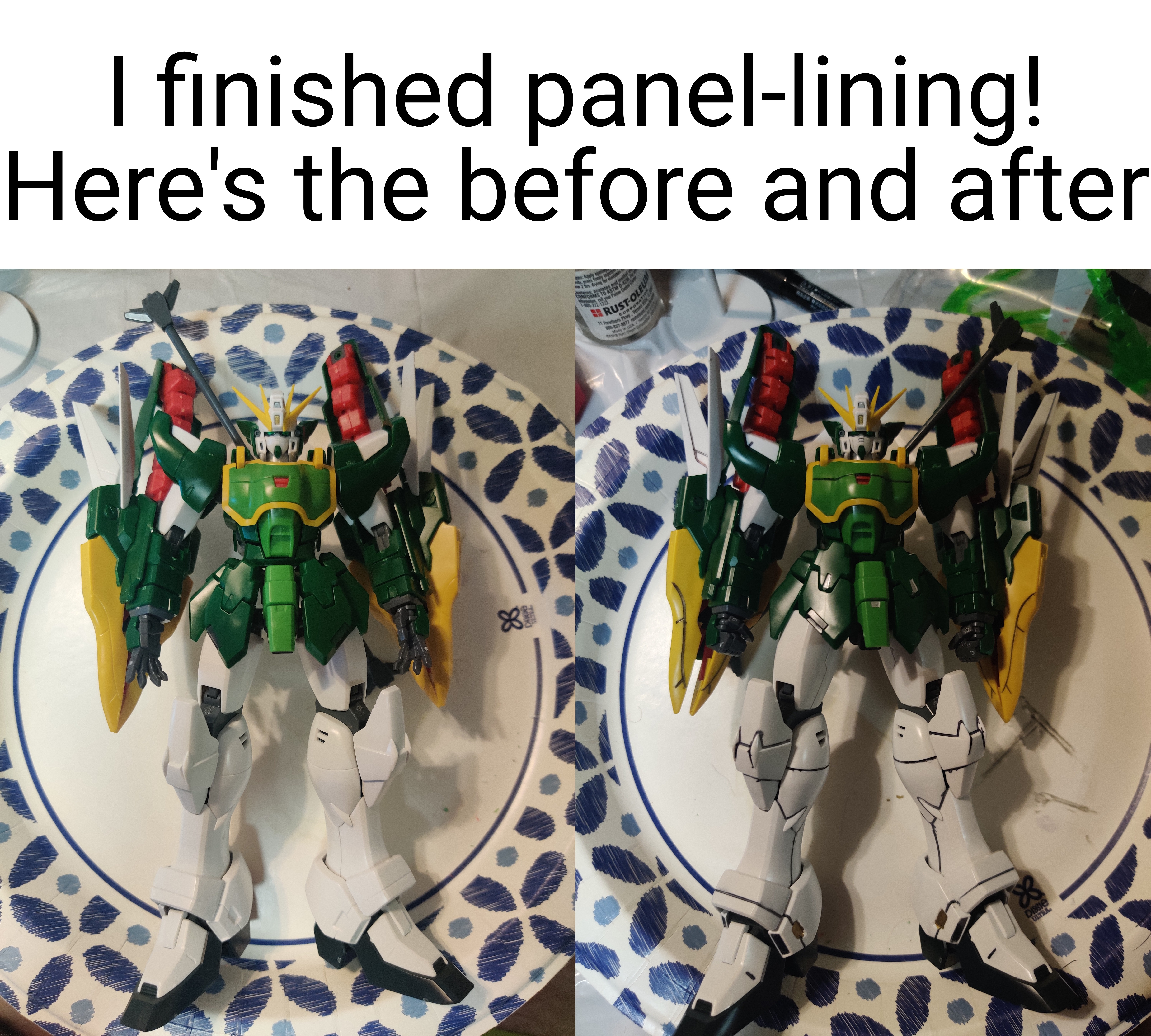 I also added some silver and gold to the waist and ankle armor | I finished panel-lining! Here's the before and after | made w/ Imgflip meme maker