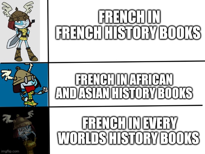 French in French history books meme | FRENCH IN FRENCH HISTORY BOOKS; FRENCH IN AFRICAN 
AND ASIAN HISTORY BOOKS; FRENCH IN EVERY WORLDS HISTORY BOOKS | image tagged in aurora being uncanny | made w/ Imgflip meme maker