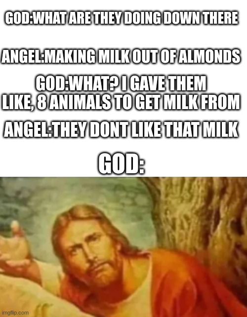 i feel bad for god when he found out | GOD:WHAT ARE THEY DOING DOWN THERE; ANGEL:MAKING MILK OUT OF ALMONDS; GOD:WHAT? I GAVE THEM LIKE, 8 ANIMALS TO GET MILK FROM; ANGEL:THEY DONT LIKE THAT MILK; GOD: | image tagged in god,funny | made w/ Imgflip meme maker