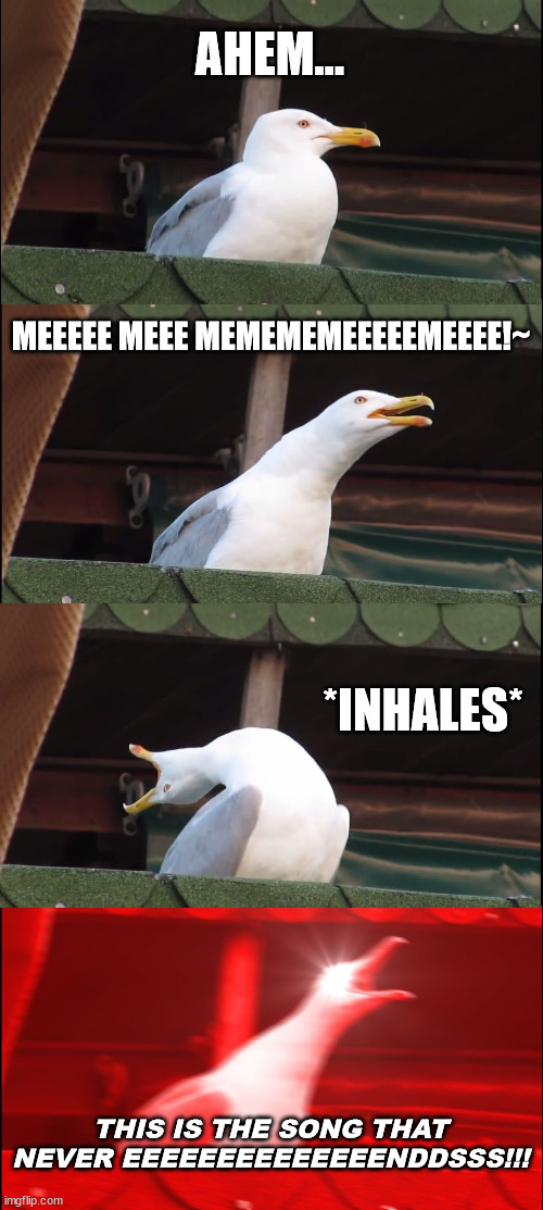 Endless Gully Song | AHEM... MEEEEE MEEE MEMEMEMEEEEEMEEEE!~; *INHALES*; THIS IS THE SONG THAT NEVER EEEEEEEEEEEEEENDDSSS!!! | image tagged in memes,inhaling seagull | made w/ Imgflip meme maker