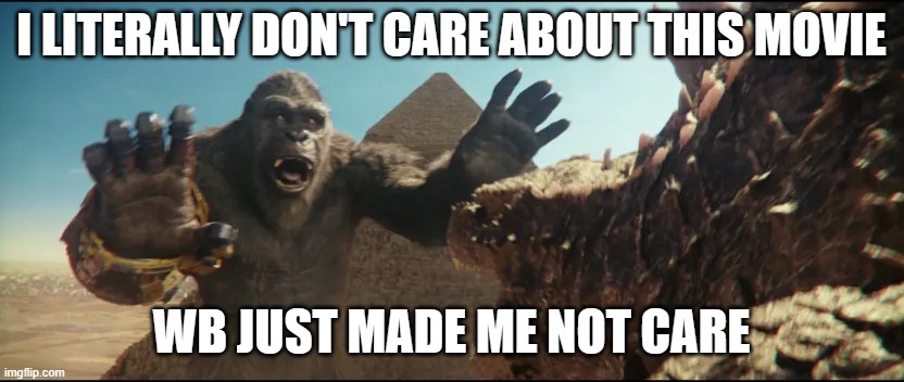 wb literally made me not care | I LITERALLY DON'T CARE ABOUT THIS MOVIE; WB JUST MADE ME NOT CARE | image tagged in hold up kong | made w/ Imgflip meme maker