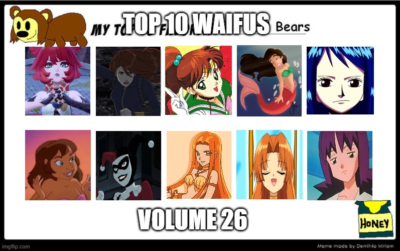 top 10 waifus volume 26 | TOP 10 WAIFUS; VOLUME 26 | image tagged in top 10 favorite fictional bears,waifu,anime,mermaid,pokemon,black widow | made w/ Imgflip meme maker