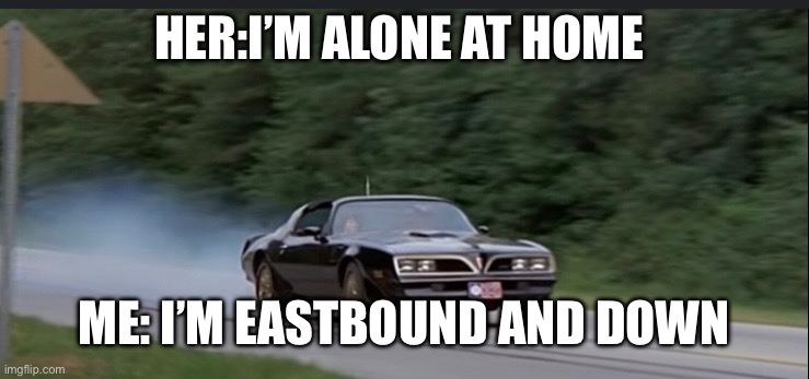 HER:I’M ALONE AT HOME; ME: I’M EASTBOUND AND DOWN | image tagged in smokey and the bandit | made w/ Imgflip meme maker