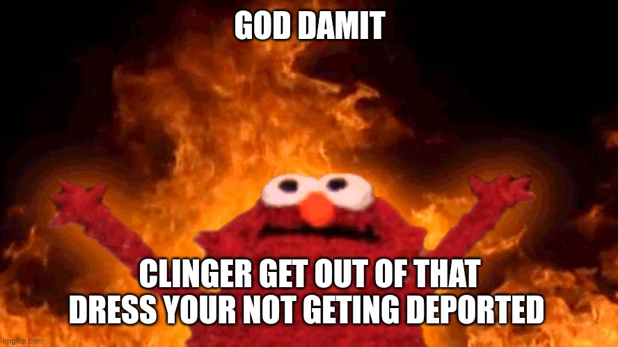 elmo fire | GOD DAMIT CLINGER GET OUT OF THAT DRESS YOUR NOT GETING DEPORTED | image tagged in elmo fire | made w/ Imgflip meme maker