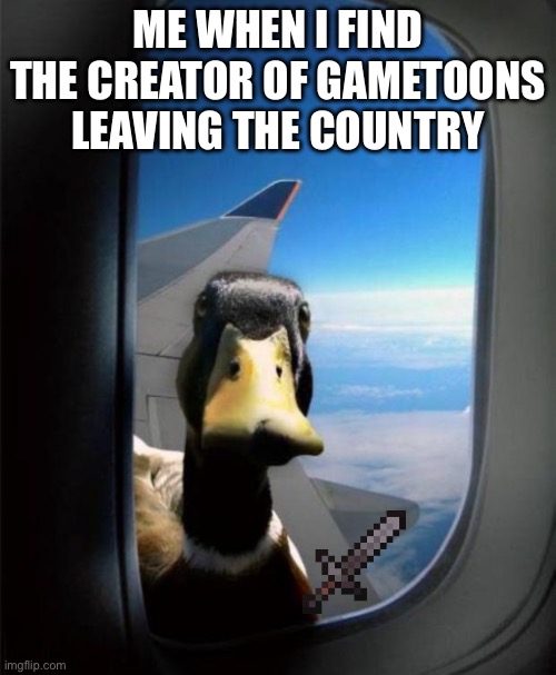 Yay | ME WHEN I FIND THE CREATOR OF GAMETOONS LEAVING THE COUNTRY | image tagged in duck on plane wing | made w/ Imgflip meme maker