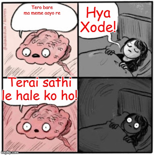 When your memes has ben Posted! | Hya Xode! Tero bare ma meme aayo re; Terai sathi le hale ko ho! | image tagged in brain before sleep | made w/ Imgflip meme maker