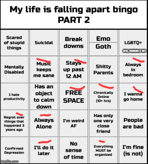I'm definitely doing a lot better than I was a year ago | STILL FIGURING IT OUT | image tagged in my life is falling apart bingo part 2 | made w/ Imgflip meme maker