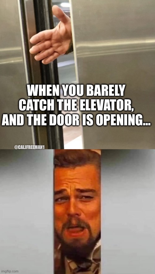 WHEN YOU BARELY CATCH THE ELEVATOR, AND THE DOOR IS OPENING…; @CALJFREEMAN1 | image tagged in elevator,champagne,funny memes,leonardo dicaprio cheers,laughing leo,leonardo dicaprio wolf of wall street | made w/ Imgflip meme maker
