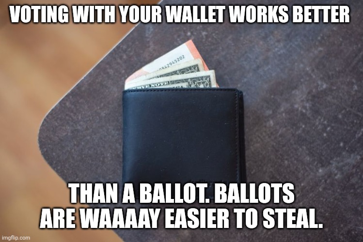And you can count your money more accurately than whoever's counting ballots. | VOTING WITH YOUR WALLET WORKS BETTER; THAN A BALLOT. BALLOTS ARE WAAAAY EASIER TO STEAL. | image tagged in voting | made w/ Imgflip meme maker