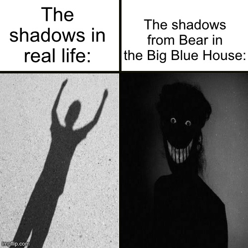 That is how I remember those shadows from the show, at least | The shadows from Bear in the Big Blue House:; The shadows in real life: | image tagged in nostalgia,funny,meme,memes,tv shows | made w/ Imgflip meme maker