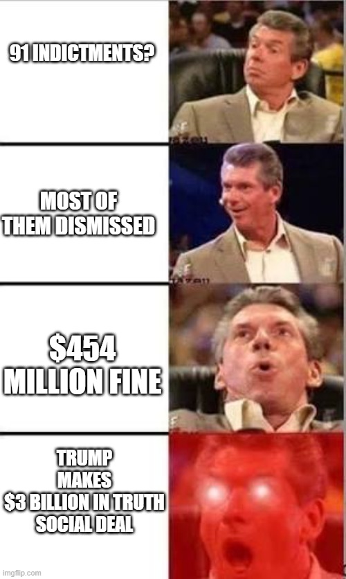 Trump makes $3 billion on Truth Social deal | 91 INDICTMENTS? MOST OF THEM DISMISSED; $454 MILLION FINE; TRUMP MAKES
$3 BILLION IN TRUTH SOCIAL DEAL | image tagged in wwe shocked | made w/ Imgflip meme maker