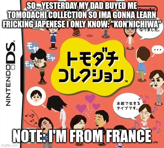 Tomodachi Collection | SO... YESTERDAY MY DAD BUYED ME TOMODACHI COLLECTION SO IMA GONNA LEARN FRICKING JAPENESE I ONLY KNOW: "KON'NICHIWA"; NOTE: I'M FROM FRANCE | image tagged in tomodachi collection,tomodachi life,mii | made w/ Imgflip meme maker