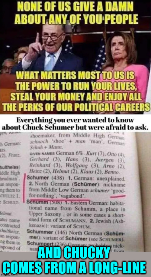 Know your schumer... | AND CHUCKY COMES FROM A LONG-LINE | image tagged in another grifting democrat | made w/ Imgflip meme maker