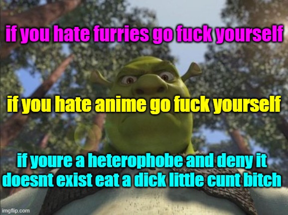 . | if you hate furries go fuck yourself; if you hate anime go fuck yourself; if youre a heterophobe and deny it doesnt exist eat a dick little cunt bitch | image tagged in furries,anime,heterophobe | made w/ Imgflip meme maker