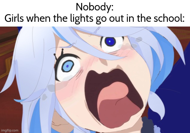 Luckily it didn't happened by me. | Nobody:
Girls when the lights go out in the school: | image tagged in funny,girls,lights,school | made w/ Imgflip meme maker
