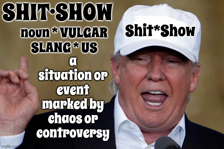 An Egomaniac's Show | SHIT·SHOW; a situation or event marked by chaos or controversy; Shit*Show; noun * VULGAR SLANG * US | image tagged in donald trump blank maga hat,trump unfit unqualified dangerous,lock him up,shit show,malignant narcissist,egomaniac | made w/ Imgflip meme maker