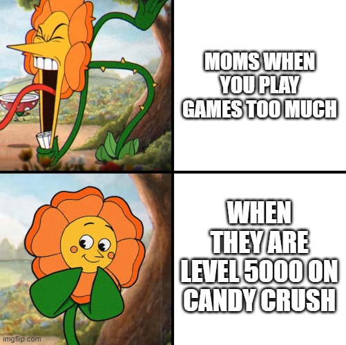 Bruh this should stop | MOMS WHEN YOU PLAY GAMES TOO MUCH; WHEN THEY ARE LEVEL 5000 ON CANDY CRUSH | image tagged in angry flower | made w/ Imgflip meme maker