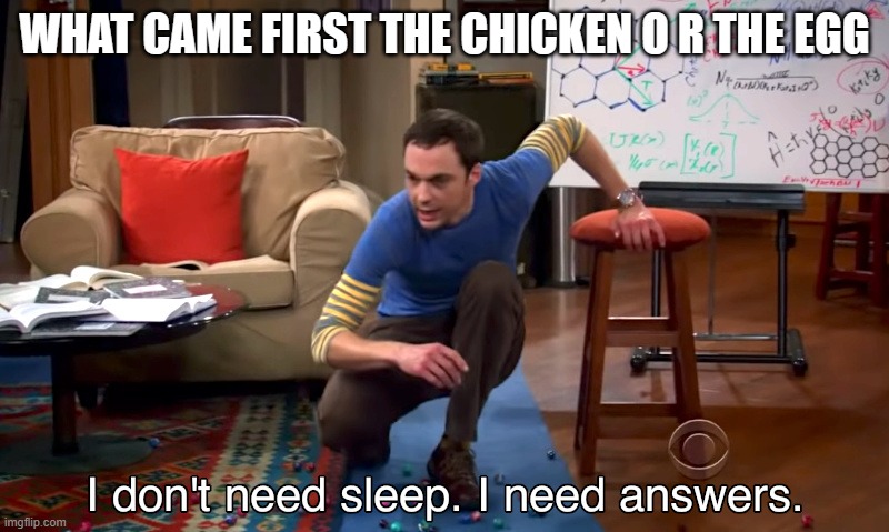 Sheldon chicken | WHAT CAME FIRST THE CHICKEN O R THE EGG | image tagged in i need answers | made w/ Imgflip meme maker