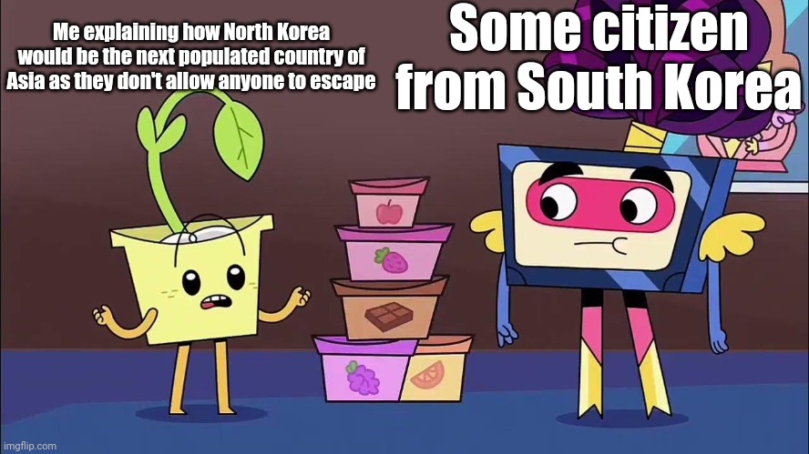 Would that ever happen? | Me explaining how North Korea would be the next populated country of Asia as they don't allow anyone to escape; Some citizen from South Korea | image tagged in north korea,south korea,memes,asia,funny | made w/ Imgflip meme maker