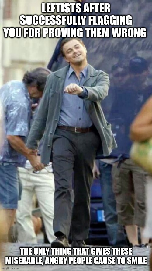 Leonardo DiCaprio Walking 16x9 | LEFTISTS AFTER SUCCESSFULLY FLAGGING YOU FOR PROVING THEM WRONG THE ONLY THING THAT GIVES THESE MISERABLE, ANGRY PEOPLE CAUSE TO SMILE | image tagged in leonardo dicaprio walking 16x9 | made w/ Imgflip meme maker