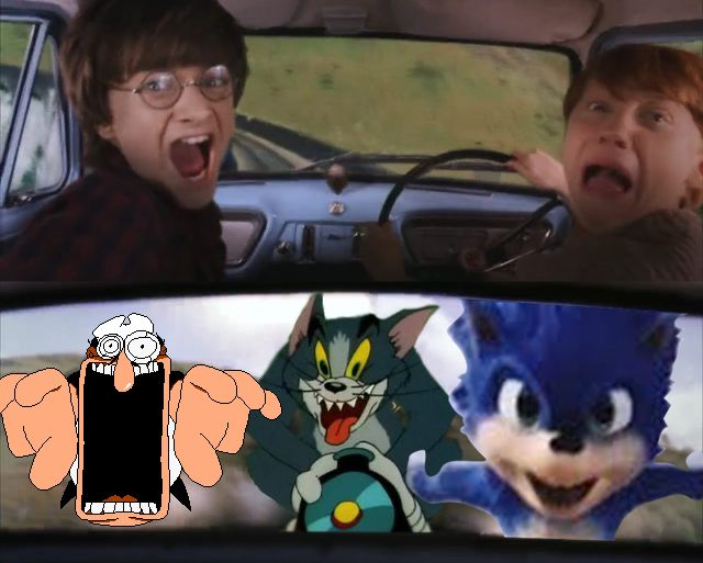 Tom, Sonic and Peppino chasing Harry And Ron Blank Meme Template