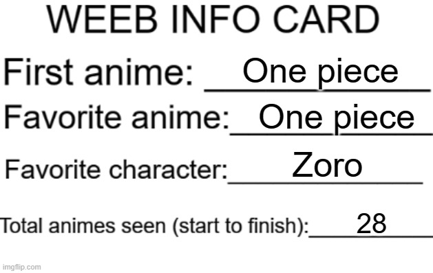 Weeb info card | One piece; One piece; Zoro; 28 | image tagged in weeb info card | made w/ Imgflip meme maker