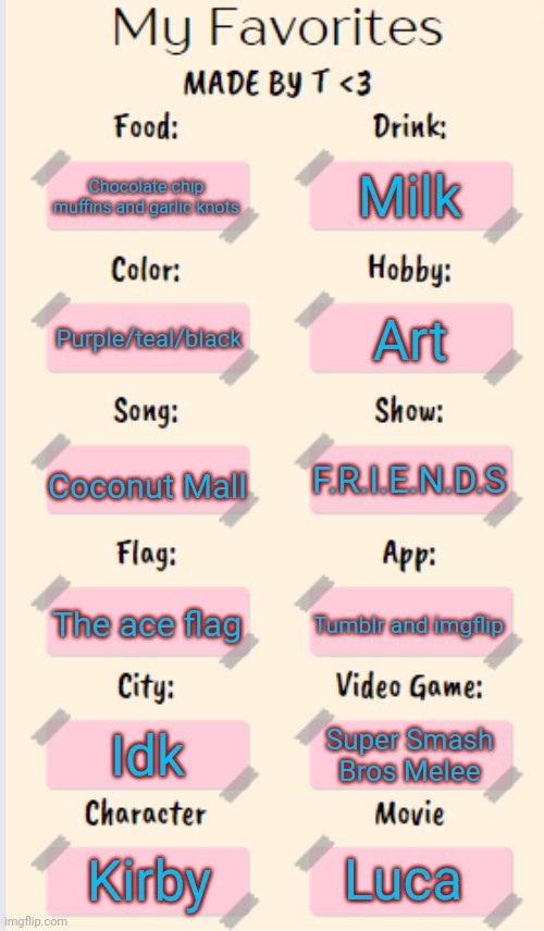 E | Milk; Chocolate chip muffins and garlic knots; Art; Purple/teal/black; Coconut Mall; F.R.I.E.N.D.S; The ace flag; Tumblr and imgflip; Idk; Super Smash Bros Melee; Luca; Kirby | image tagged in my favorites made by t | made w/ Imgflip meme maker
